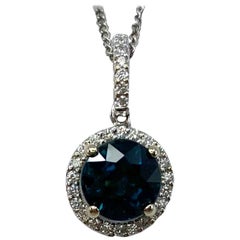 2.28ct Teal Blue Sapphire Diamond Round Cut 18k White Gold Halo Cluster Pendant