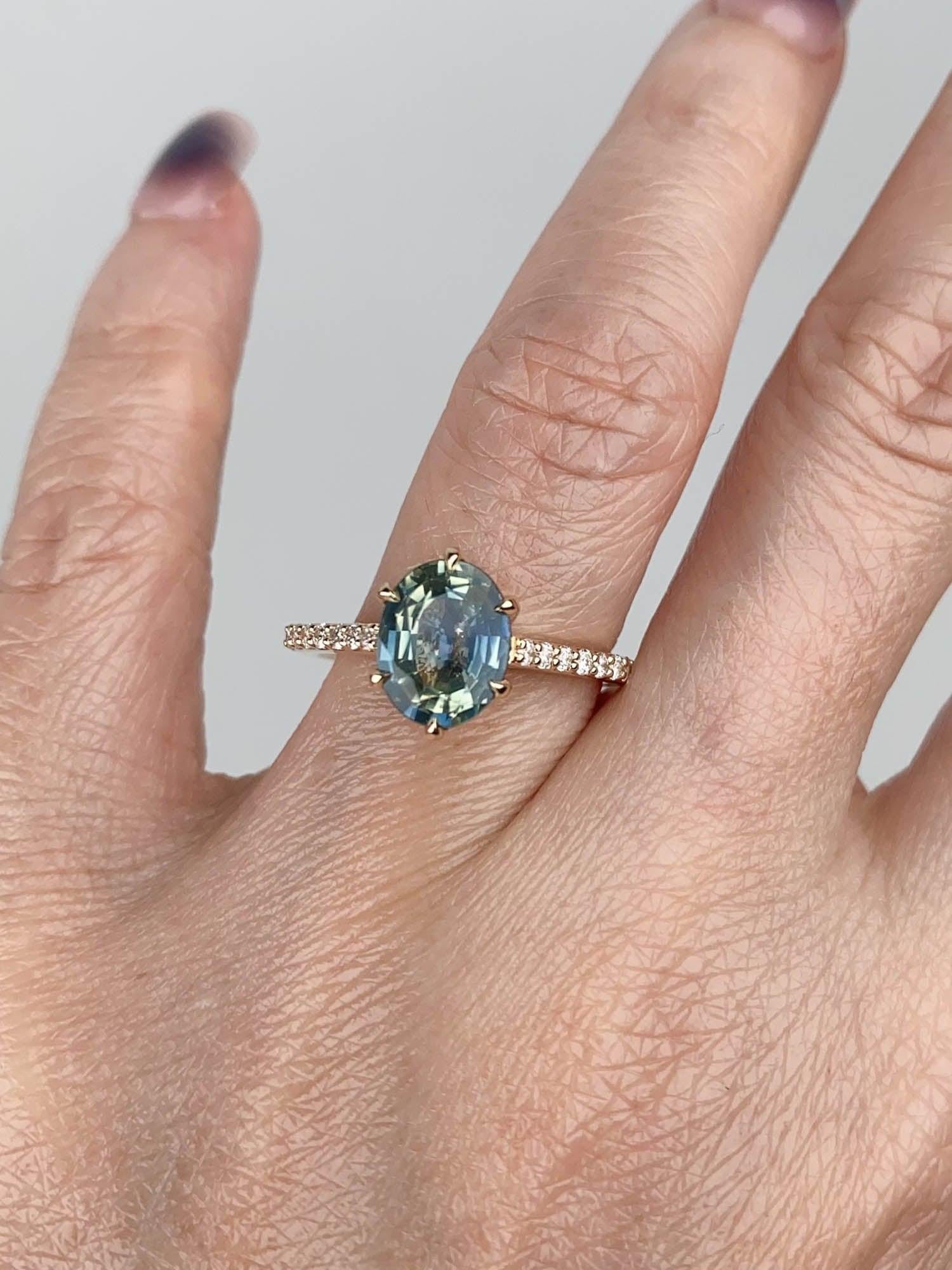2.28ct Teal Sapphire Engagement Ring Diamond Band 14K Gold R6777 In New Condition For Sale In Osprey, FL