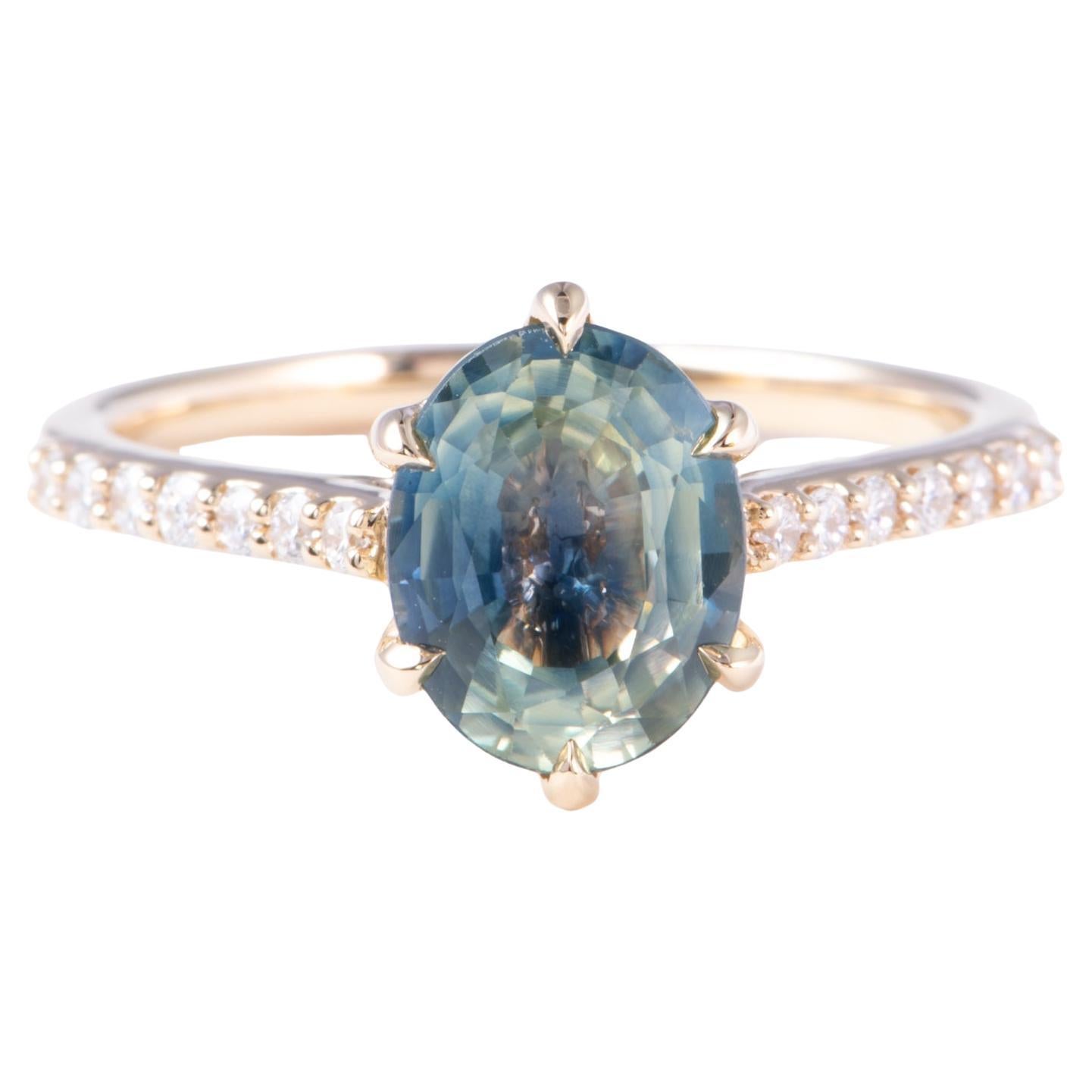 2.28ct Teal Sapphire Engagement Ring Diamond Band 14K Gold R6777