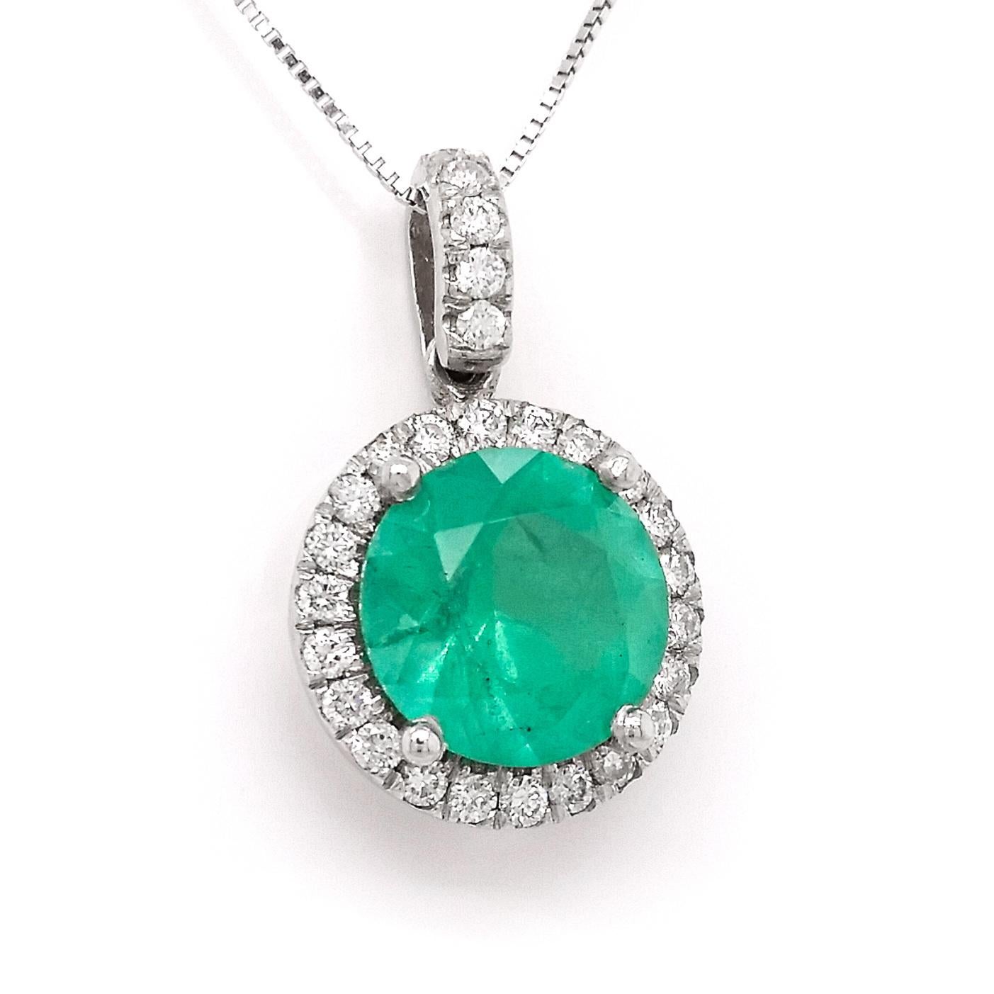 Round Cut IGI Certified 2.28Tcw Emerald and Diamond 18k White Gold Pendant 