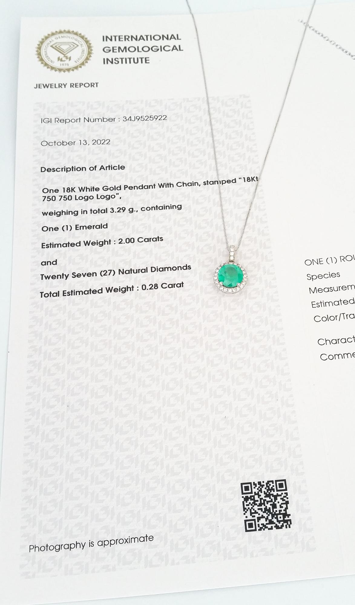 Women's IGI Certified 2.28Tcw Emerald and Diamond 18k White Gold Pendant 