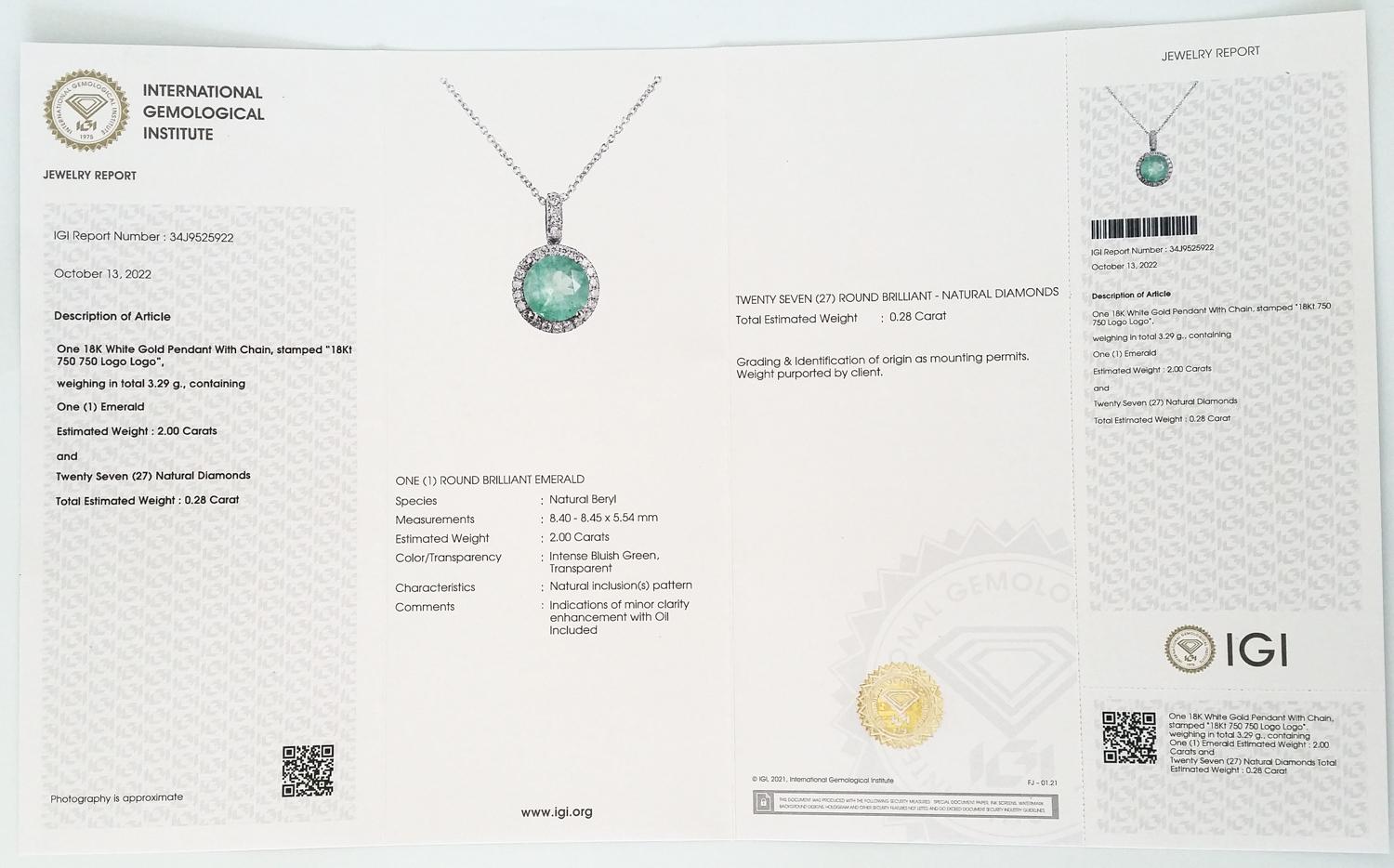 IGI Certified 2.28Tcw Emerald and Diamond 18k White Gold Pendant  1
