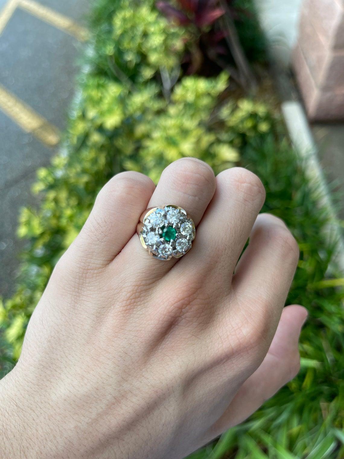 Modern 2.28tcw 14K Men's Colombian Emerald Round Cut & Diamond Cluster Two-Toned Ring For Sale