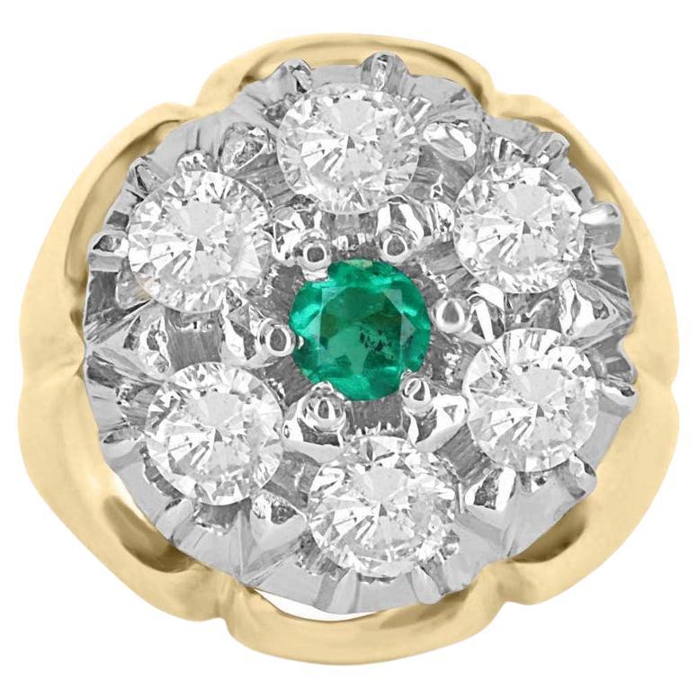 2.28tcw 14K Men's Colombian Emerald Round Cut & Diamond Cluster Two-Toned Ring For Sale