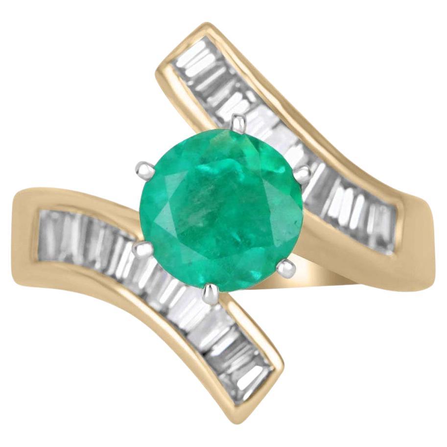 2.28tcw 14K Round Colombian Emerald & Bypass Baguette Diamond Engagement Ring For Sale