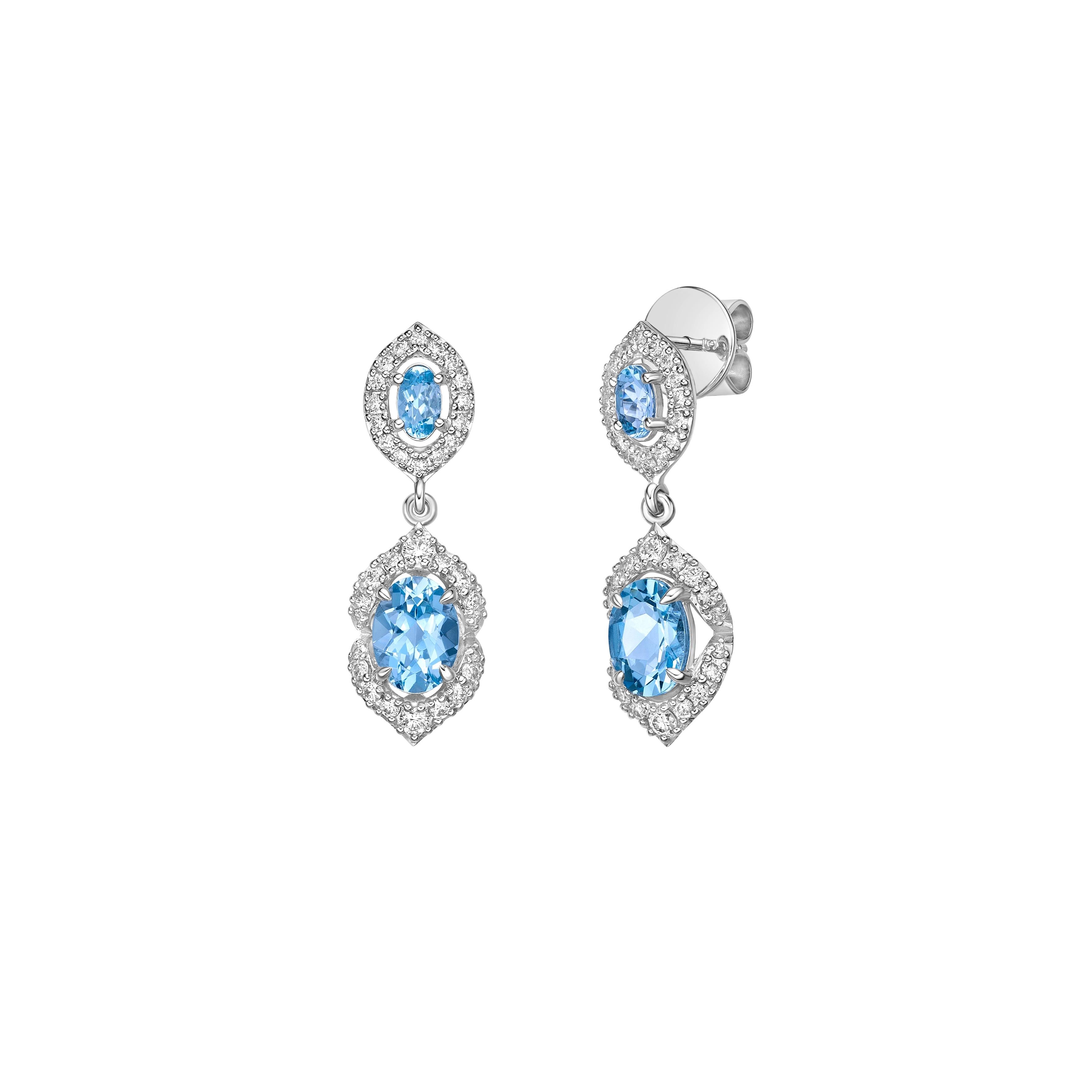 Oval Cut 2.29 Carat Aquamarine Drop Earrings in 18Karat White Gold with White Diamond. For Sale