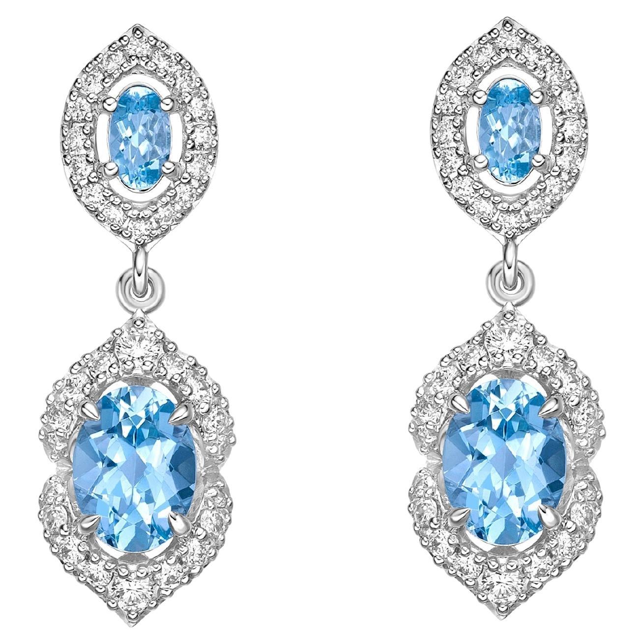 Pendants d'oreilles en or blanc 18 carats avec aigue-marine de 2,29 carats et diamants blancs