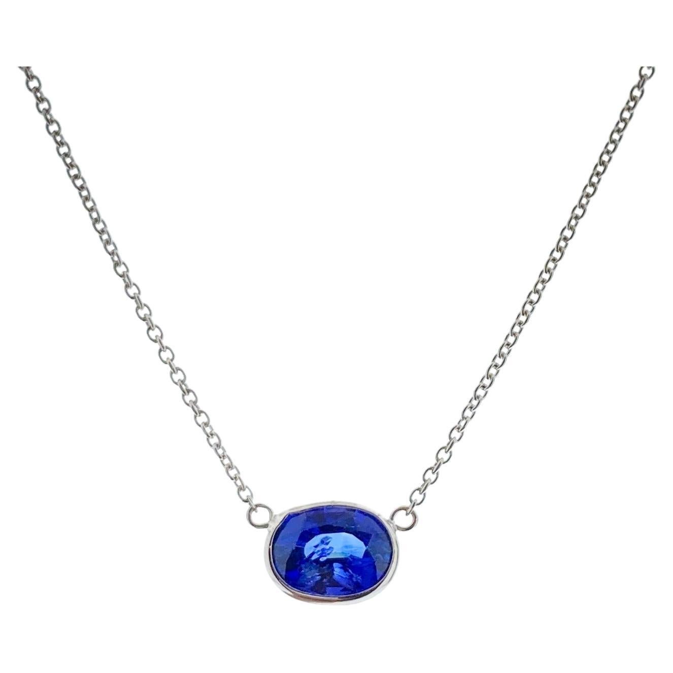2.29 Carat Blue Oval Sapphire Fashion Necklaces In 14K White Gold  For Sale