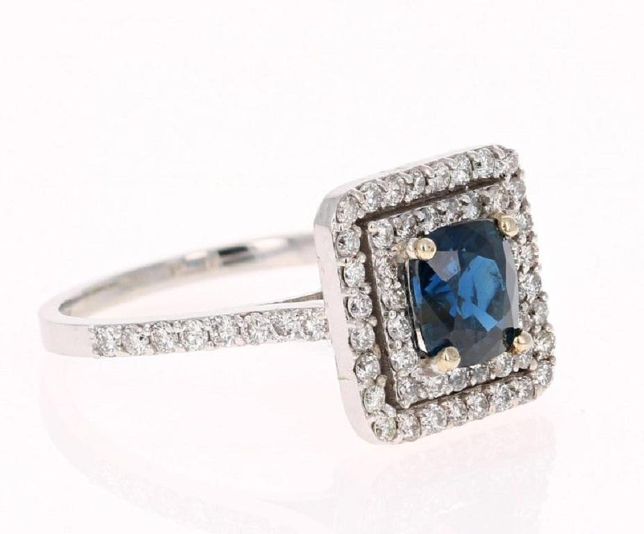 Cushion Cut 2.29 Carat Blue Sapphire Diamond Engagement Ring 14 Karat White Gold Ring
