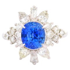 2.29 Carat Blue Sapphire Diamond Platinum Starburst Ring