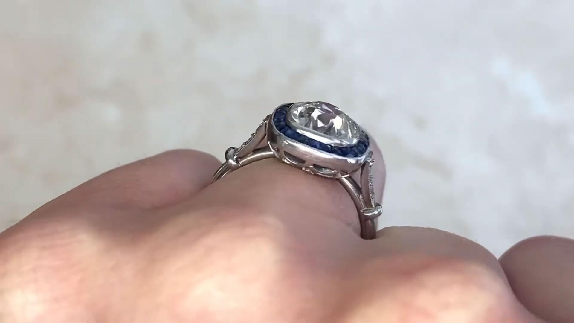 Diamantring mit Kissenschliff ( ca. 2,20 Karat), Saphir-Halo, Platin (Art déco) im Angebot