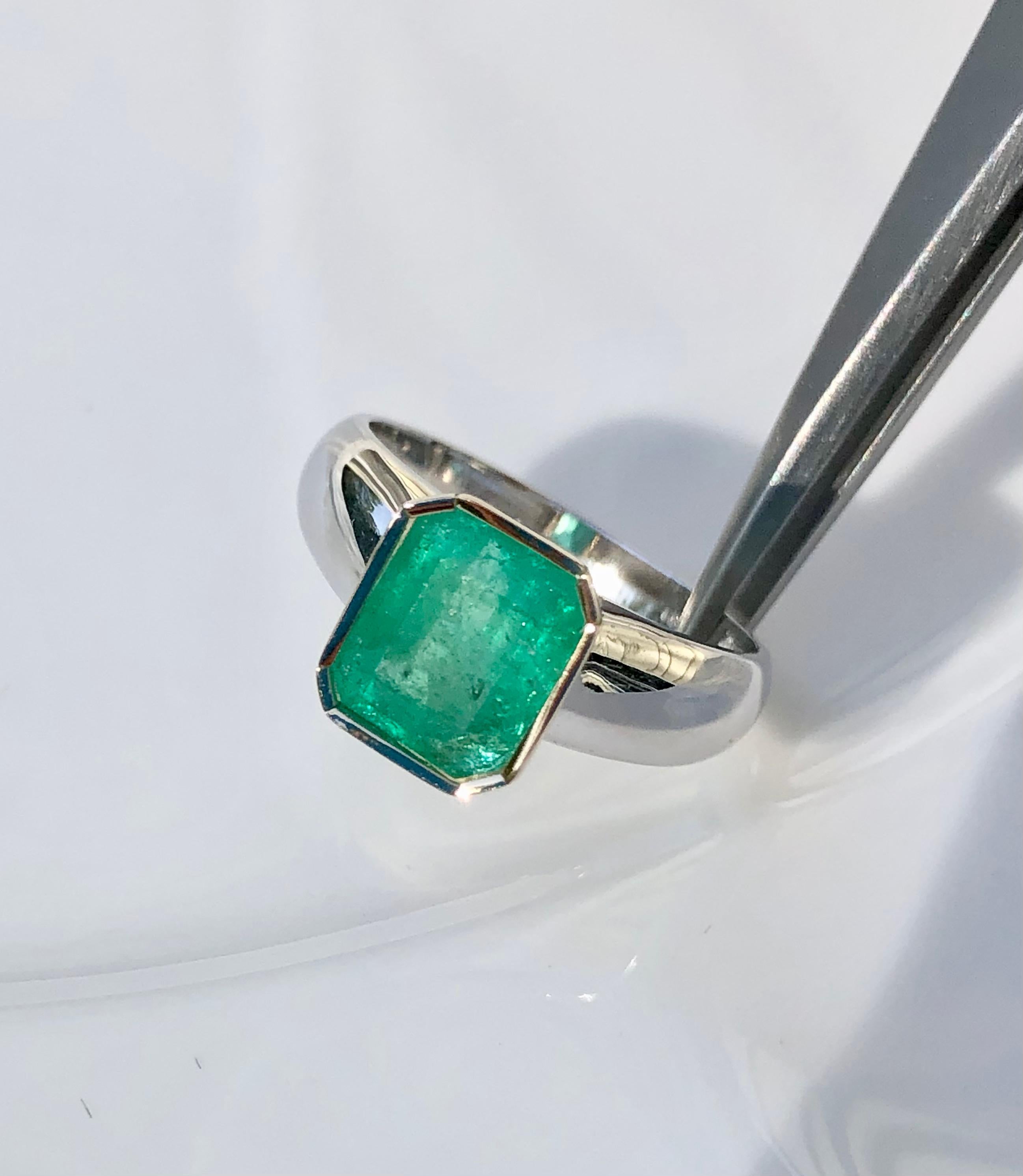 A classic solitaire emerald ring, with a 2.29 carat natural Colombian Emerald emerald cut; medium green in color, and clarity SI,  set in 18K white and yellow gold. 
Currently  ring size  7
Condition New