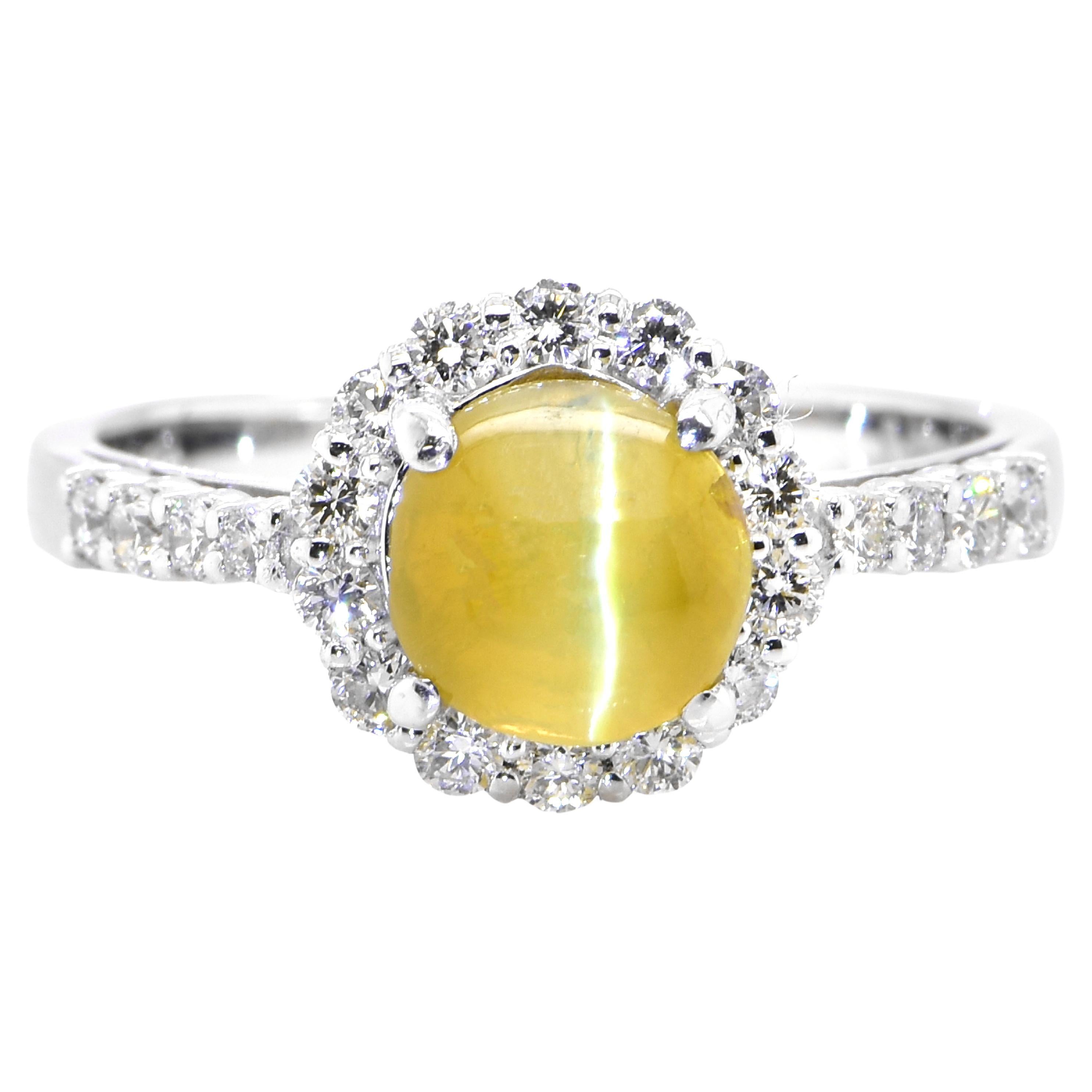 2.29 Carat 'Honey-Color' Cat's Eye Chrysoberyl and Diamond Ring Set in Platinum