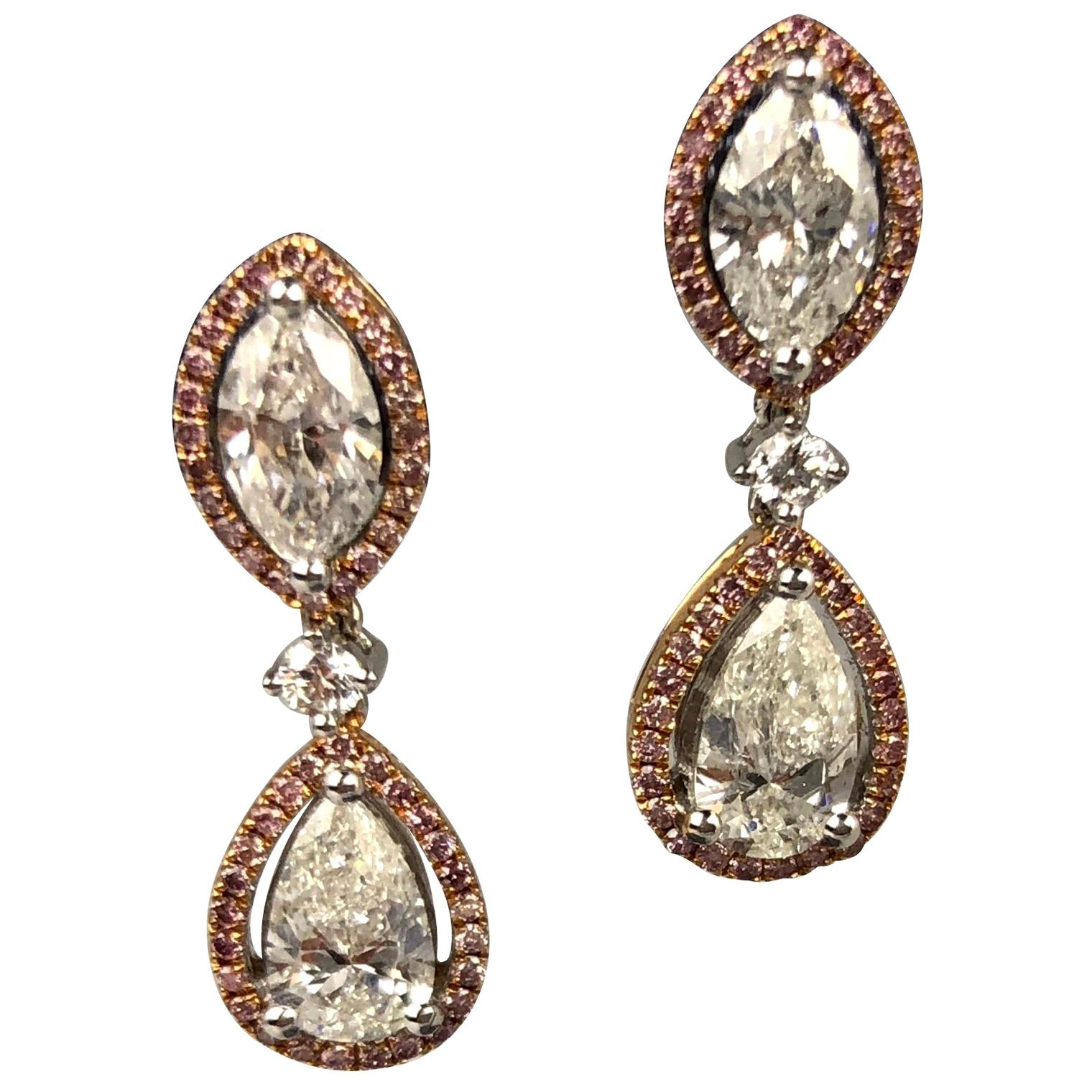 DiamondTown 2.29 Carat Marquise and Pear Shape Diamond Halo Drop Earrings