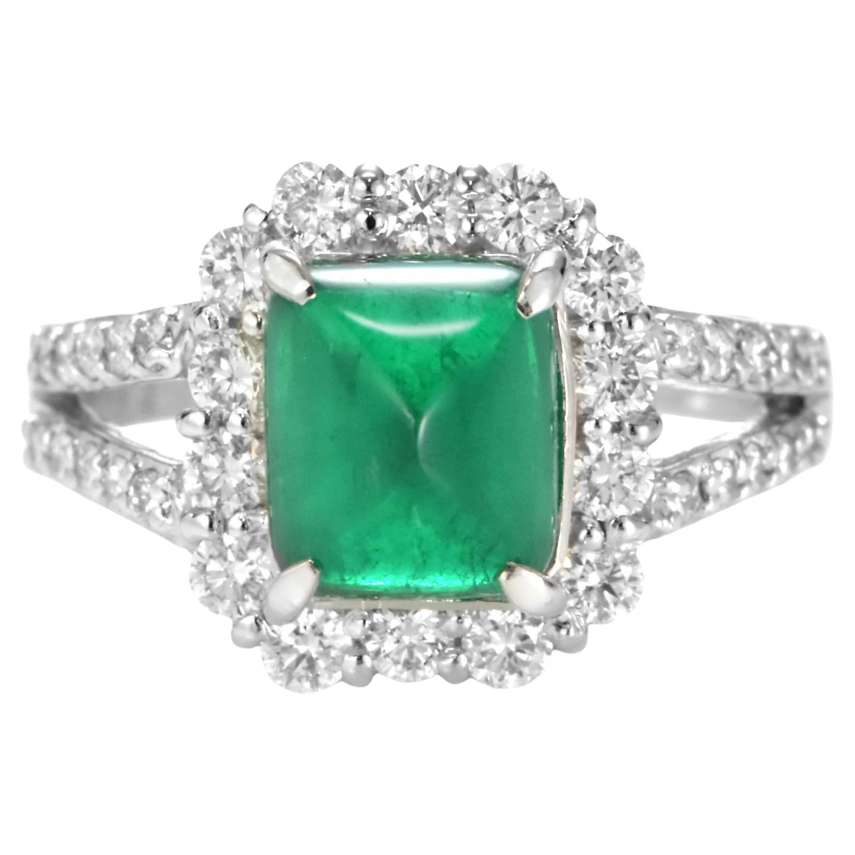 2.29 Carat Natural Colombian Sugarloaf Emerald & Diamond Ring Made in Platinum