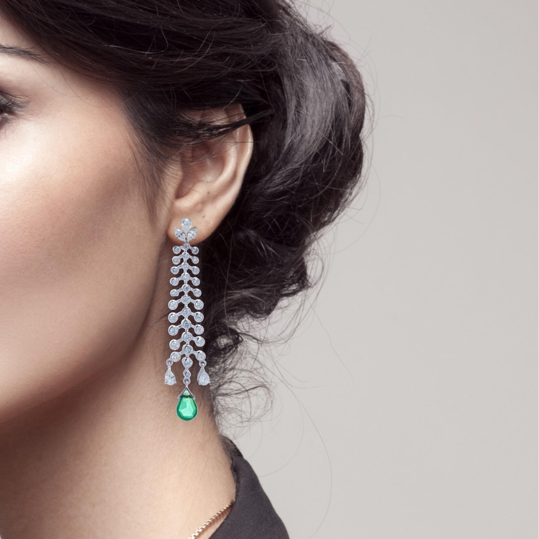 Emerald Cut 2.29 Carat Natural Drop Shaped Emerald and 3.64 Diamond Earring Set in 18K Gold