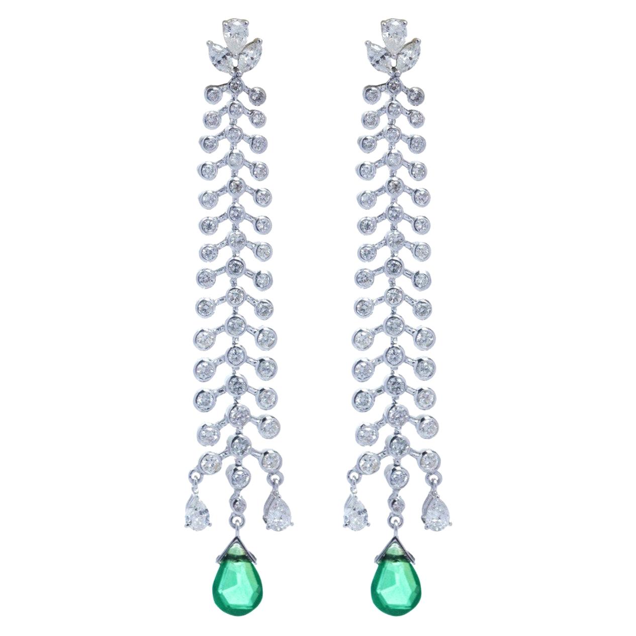 2.29 Carat Natural Drop Shaped Emerald and 3.64 Diamond Earring Set in 18K Gold