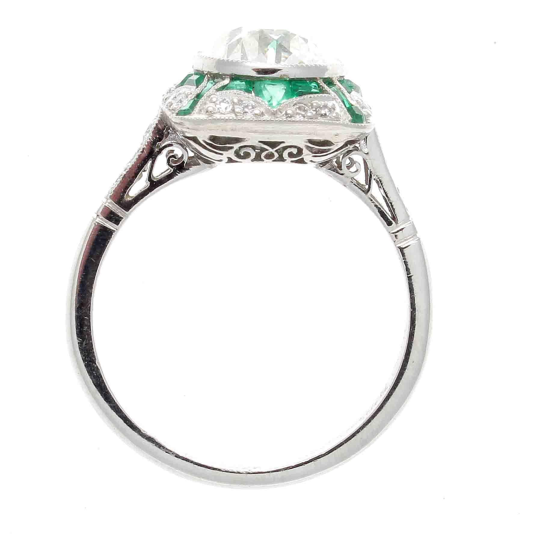 Art Deco 2.29 Carat Old European Cut Diamond Emerald Platinum Engagement Ring