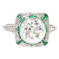 2.29 Carat Old European Cut Diamond Emerald Platinum Engagement Ring