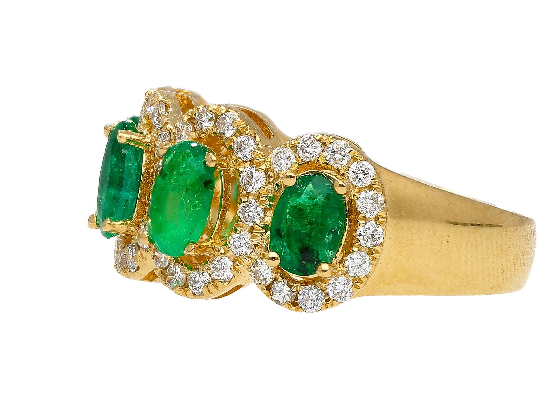 Contemporary 2.29 Carat Oval Cut Emerald and Diamond Wedding Band in 18K Gold For Sale
