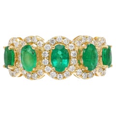 2.29 Carat Oval Cut Emerald and Diamond Wedding Band in 18K Gold