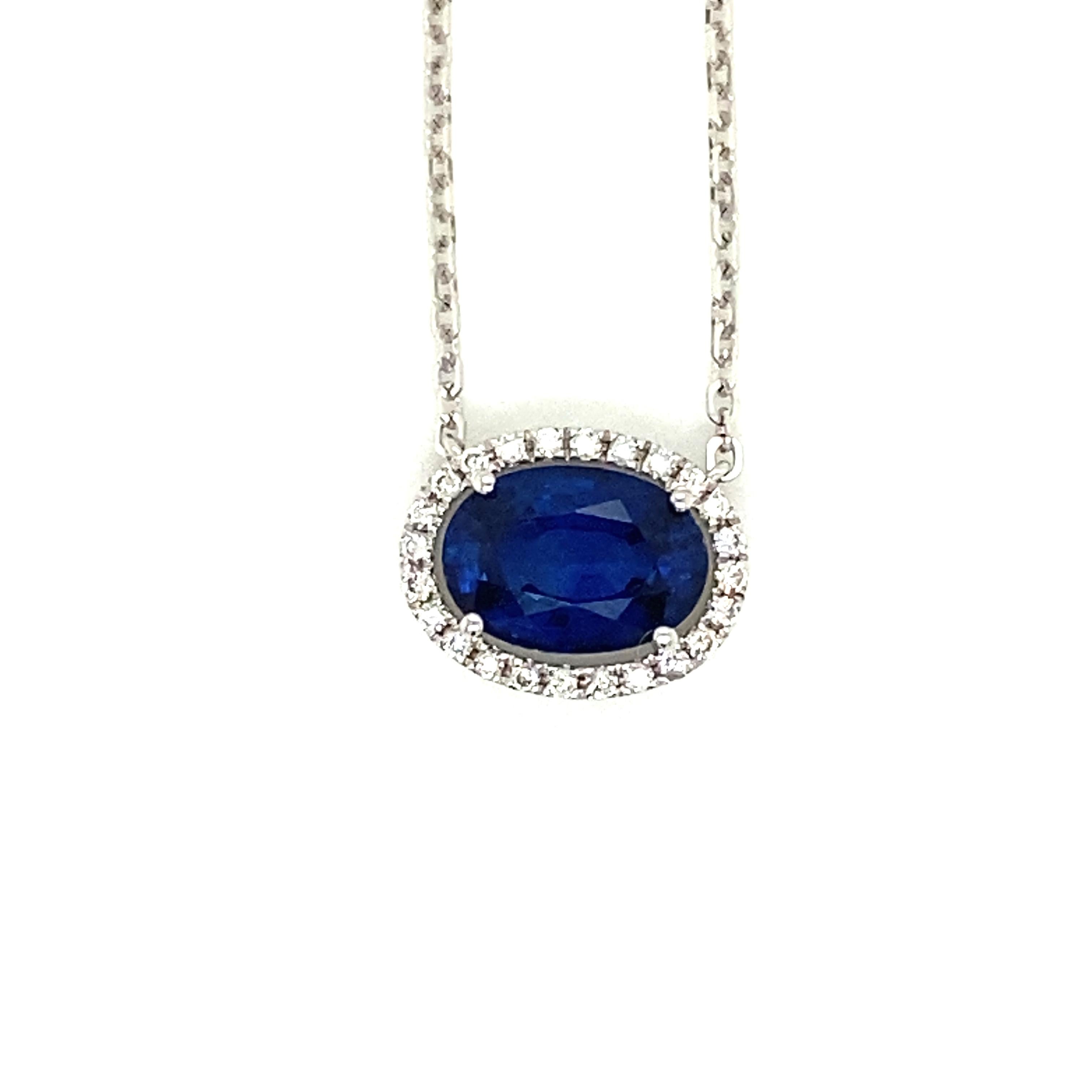 Contemporary 2.29 Carat Oval-Cut Vivid Blue Sapphire and White Diamond Pendant Necklace For Sale
