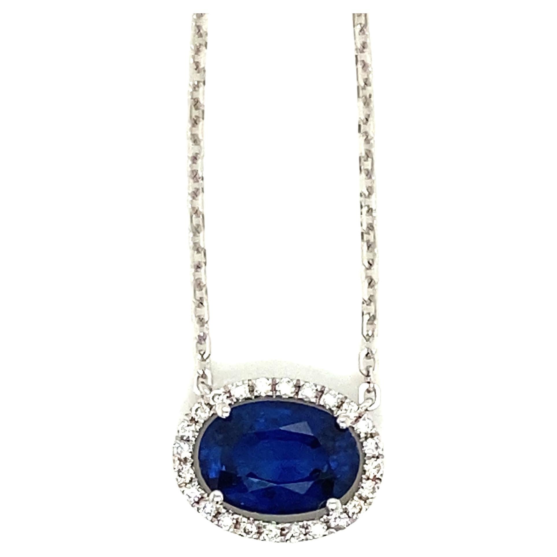 2.29 Carat Oval-Cut Vivid Blue Sapphire and White Diamond Pendant Necklace