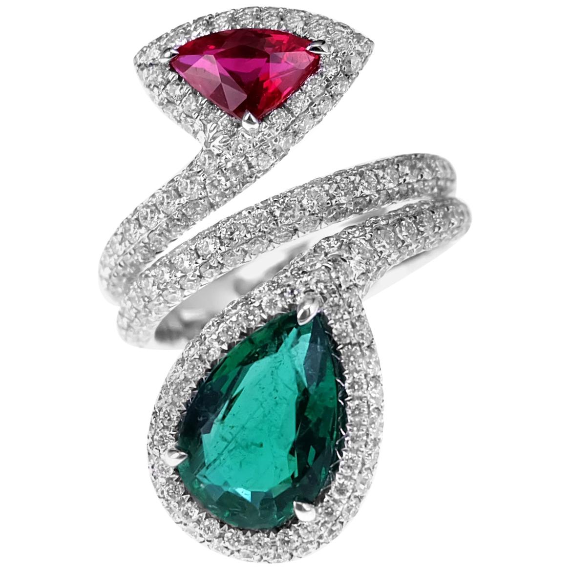 2.29 Carat Radiant Green Emerald and 1.02 Carat Blistering Red Ruby Ring