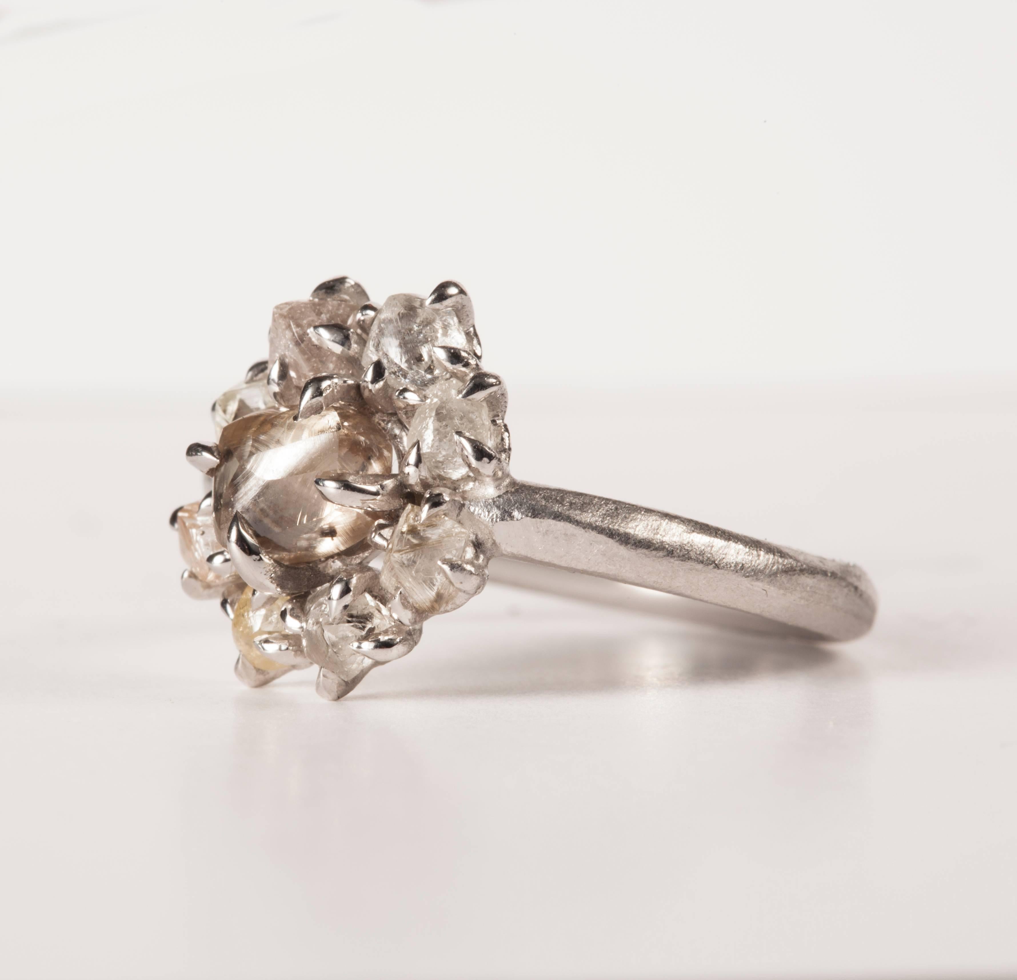 Contemporary 2.29 Carat Rough Light Brown and White Diamonds White Gold Flower Cluster Ring For Sale