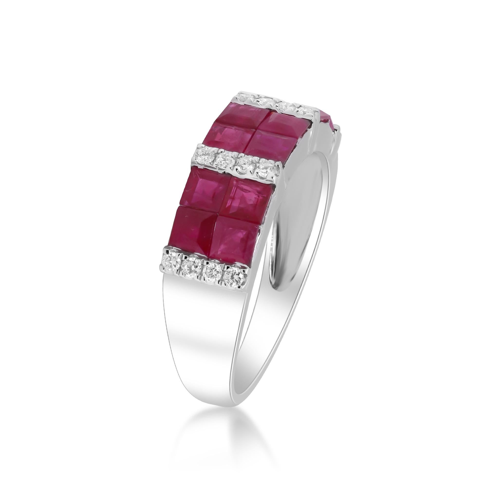 Art Deco 2.29 Carat Square-Cut Ruby with Diamond Accents 18K White Gold Ring For Sale