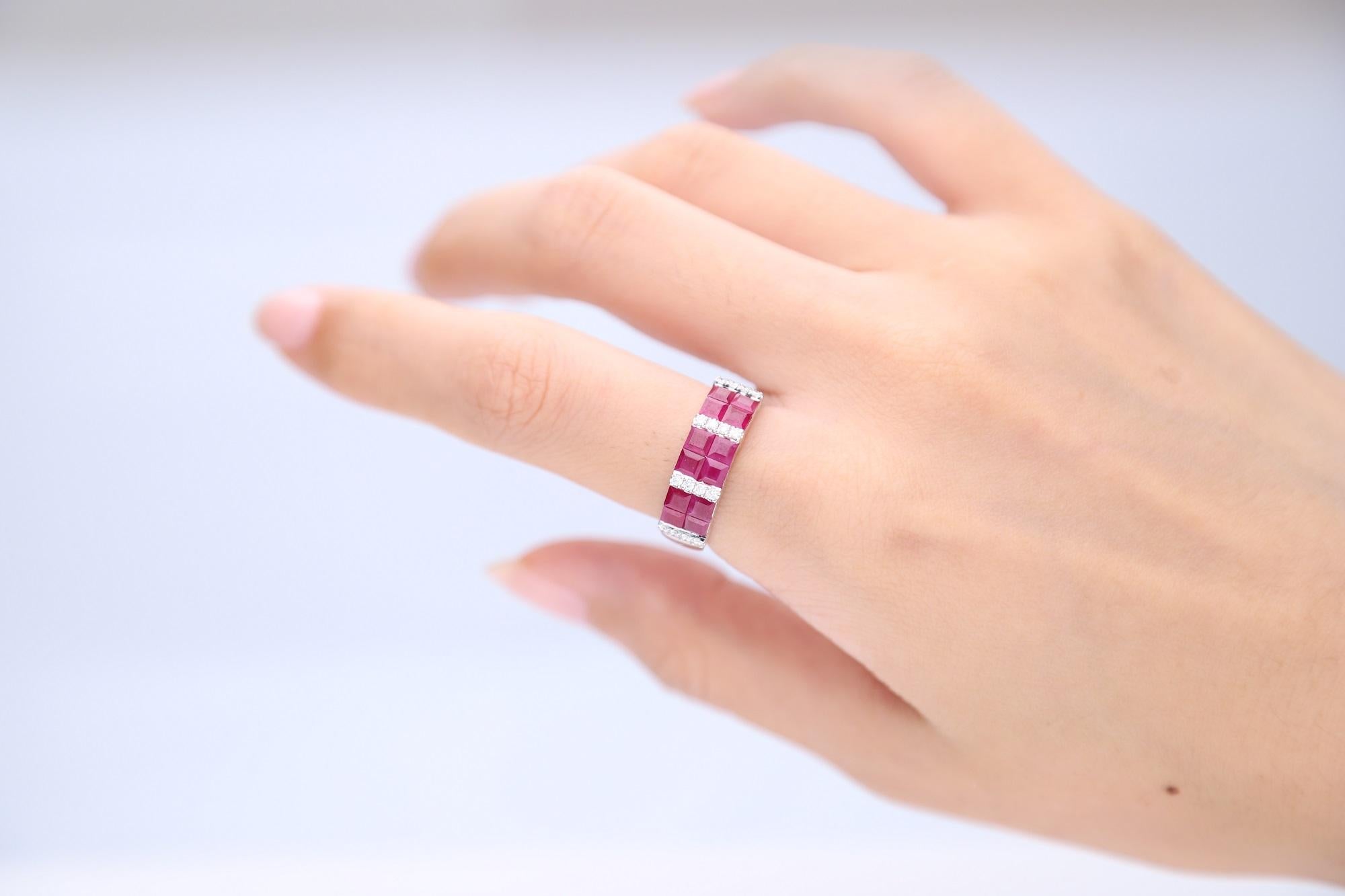 Decorate yourself in elegance with this Ring is crafted from 18-karat White Gold by Gin & Grace. This Ring is made up of Square-Cut Ruby (12 pcs) 2.29 carat and Round-cut White Diamond (16 Pcs) 0.16 Carat. This Ring is weight 3.15 grams. This
