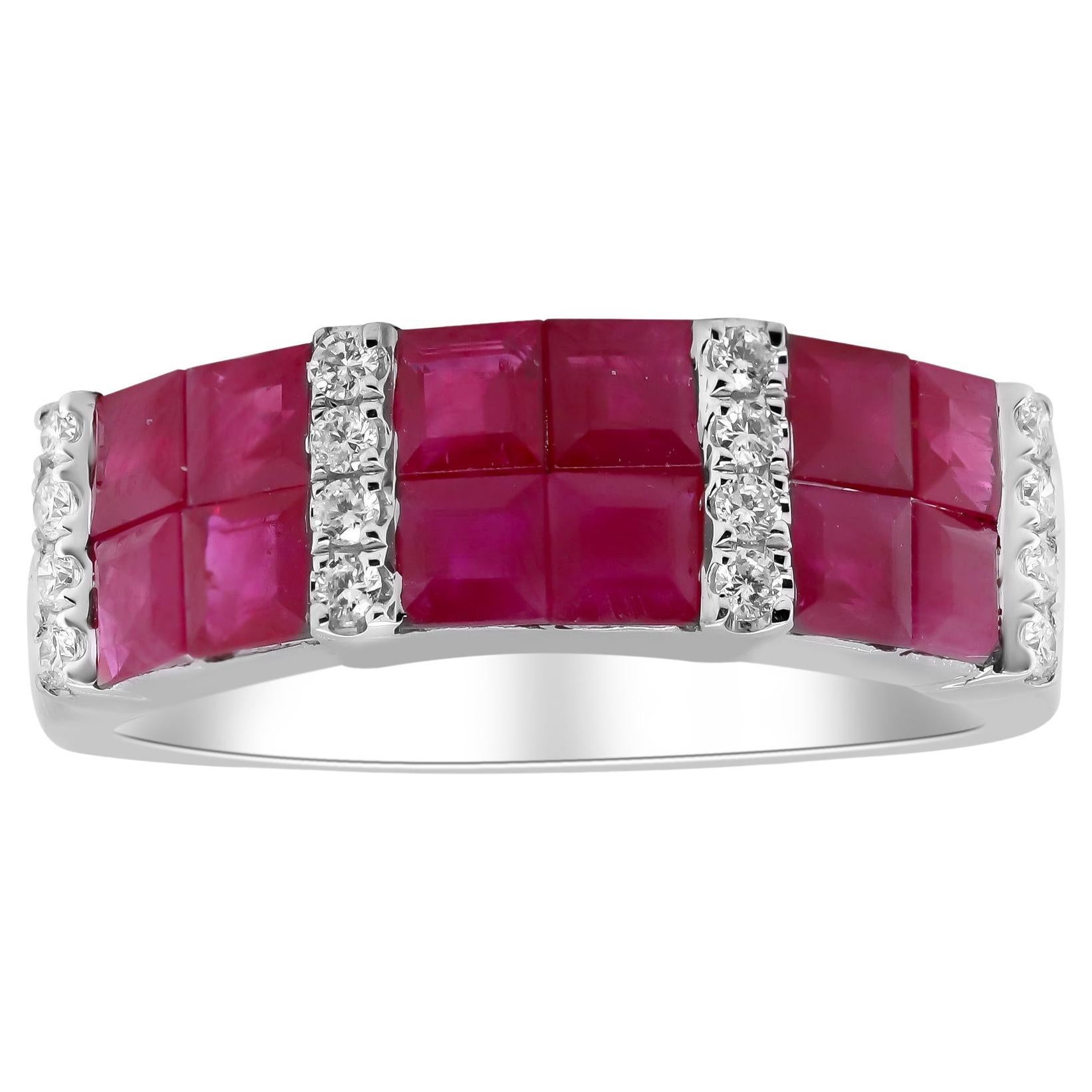2.29 Carat Square-Cut Ruby with Diamond Accents 18K White Gold Ring For Sale