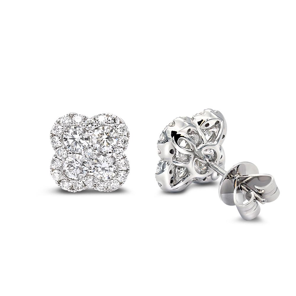 Ladies stunning diamond clover stud earrings.
Handcrafted in 14k white gold.
50 round brilliant cut diamonds handset in pave setting.
Total diamond weight 2.29 carat.
VS2 clarity G-H color.
13 x 13 mm.

