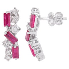 Pendientes Racimo de Diamantes Rubí 2.29 TCW Oro Blanco 18k