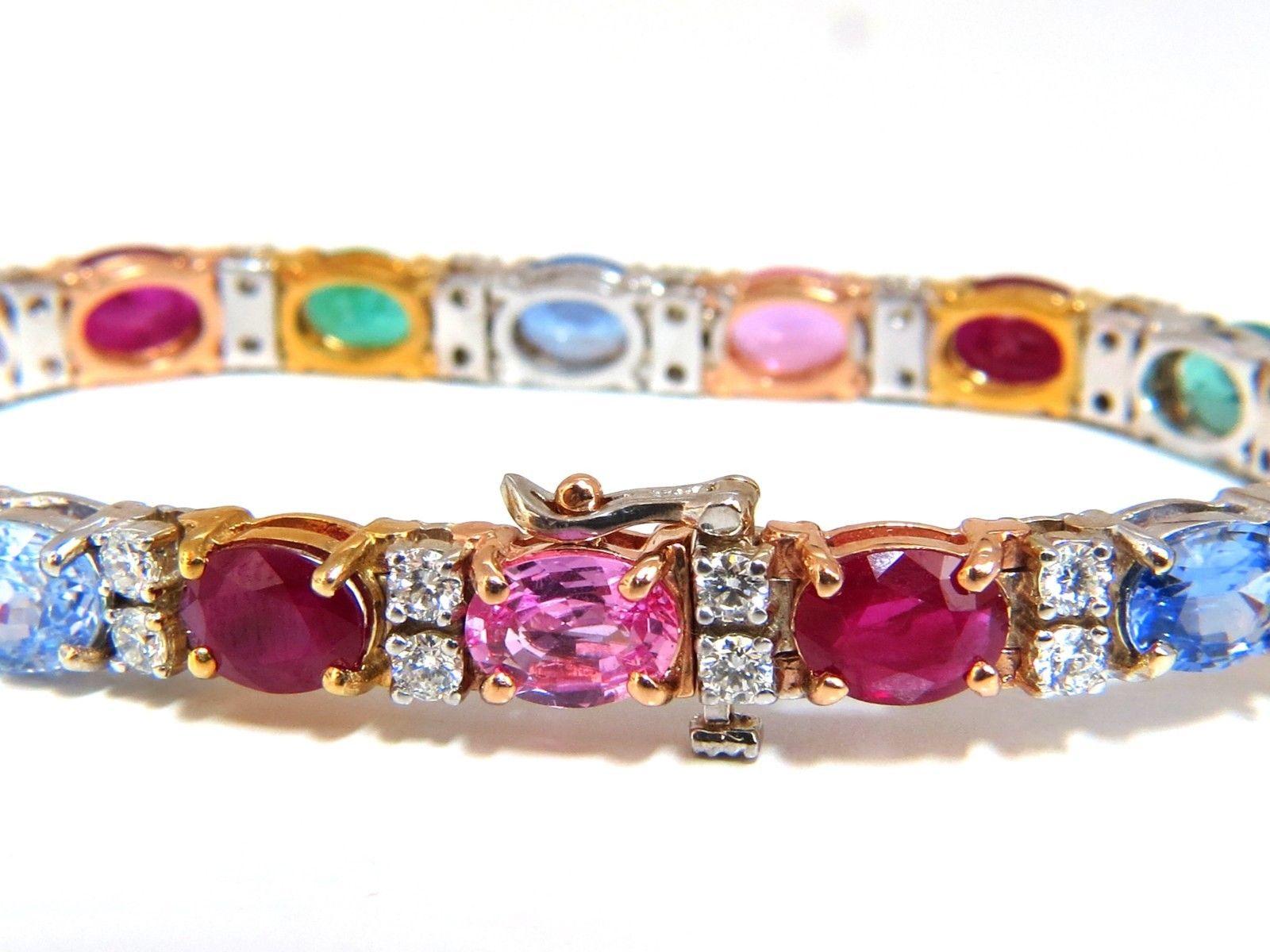 Ladies Assorted Gem Line Bracelet.

20.52ct. Natural Ruby, Multicolor Sapphires & Emeralds.

Average: 7 x 5mm

2.40ct natural Round Diamonds

G-color Vs-2 clarity.

Secure pressure clasp and safety catch.

24.2 grams.

14kt. white & yellow gold.