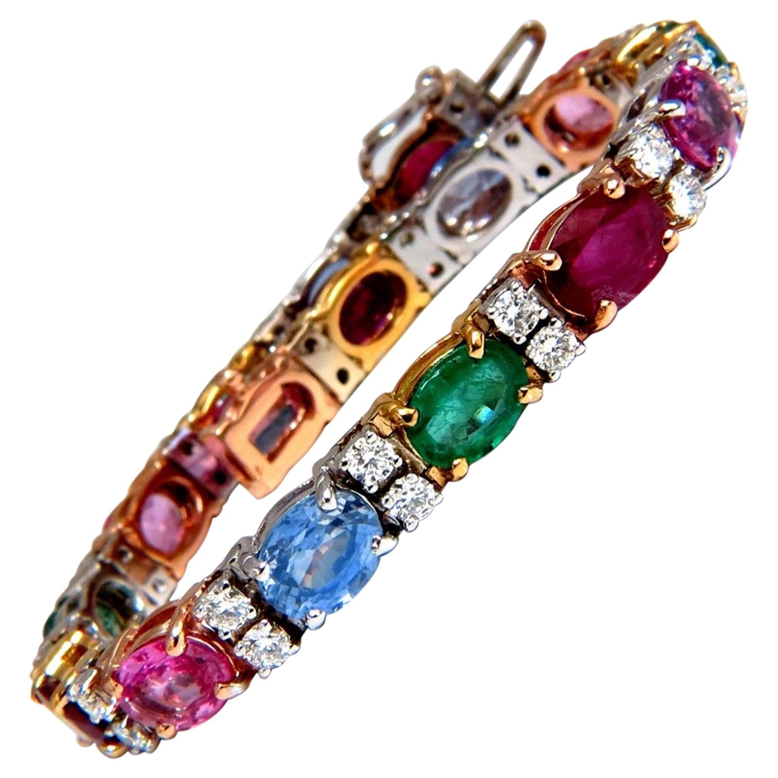22.90 Carat Natural Sapphires Emeralds Ruby Diamond Tennis Bracelet 14 Karat For Sale