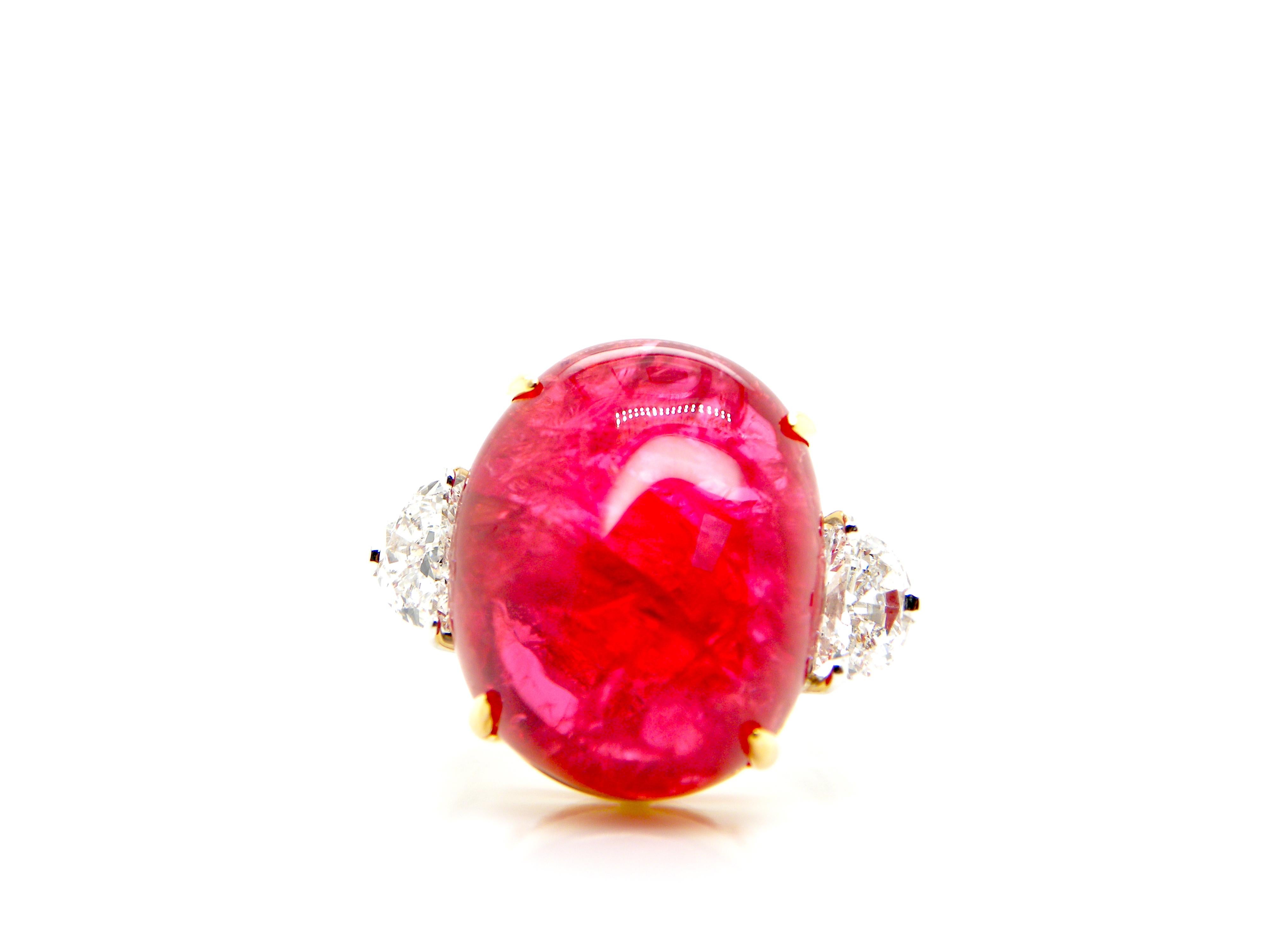 Modern 22.93 Carat GRS Certified Burma No Heat Vivid Red Spinel Cabochon Diamond Ring