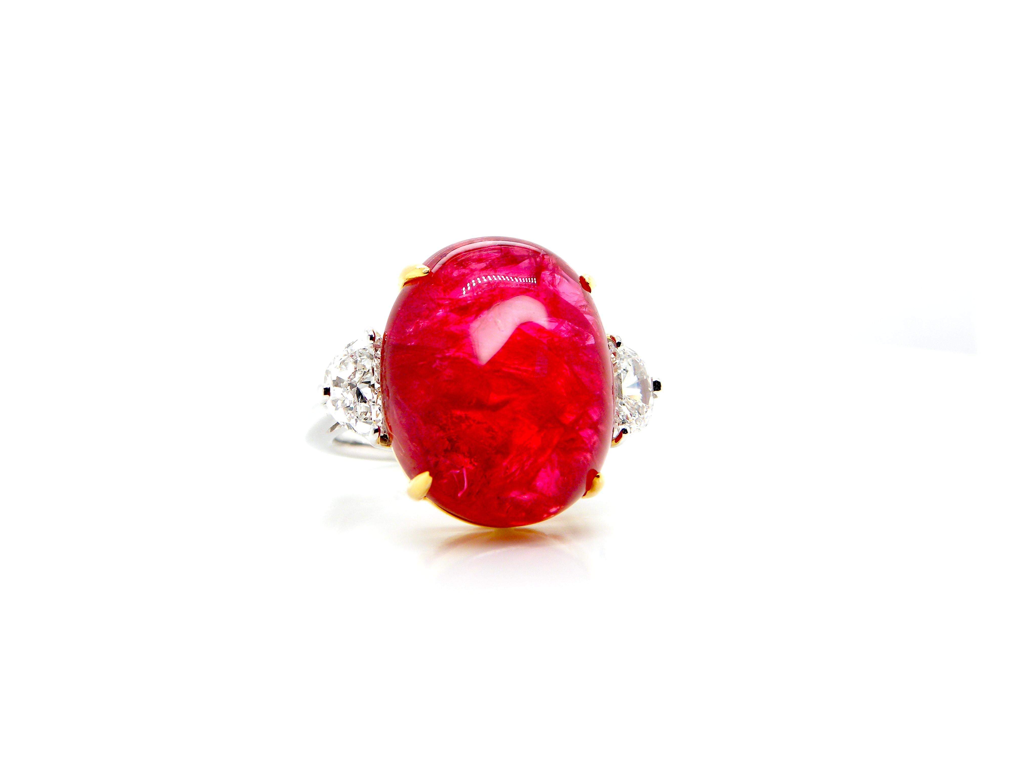 22.93 Carat GRS Certified Burma No Heat Vivid Red Spinel Cabochon Diamond Ring In New Condition In Hong Kong, HK