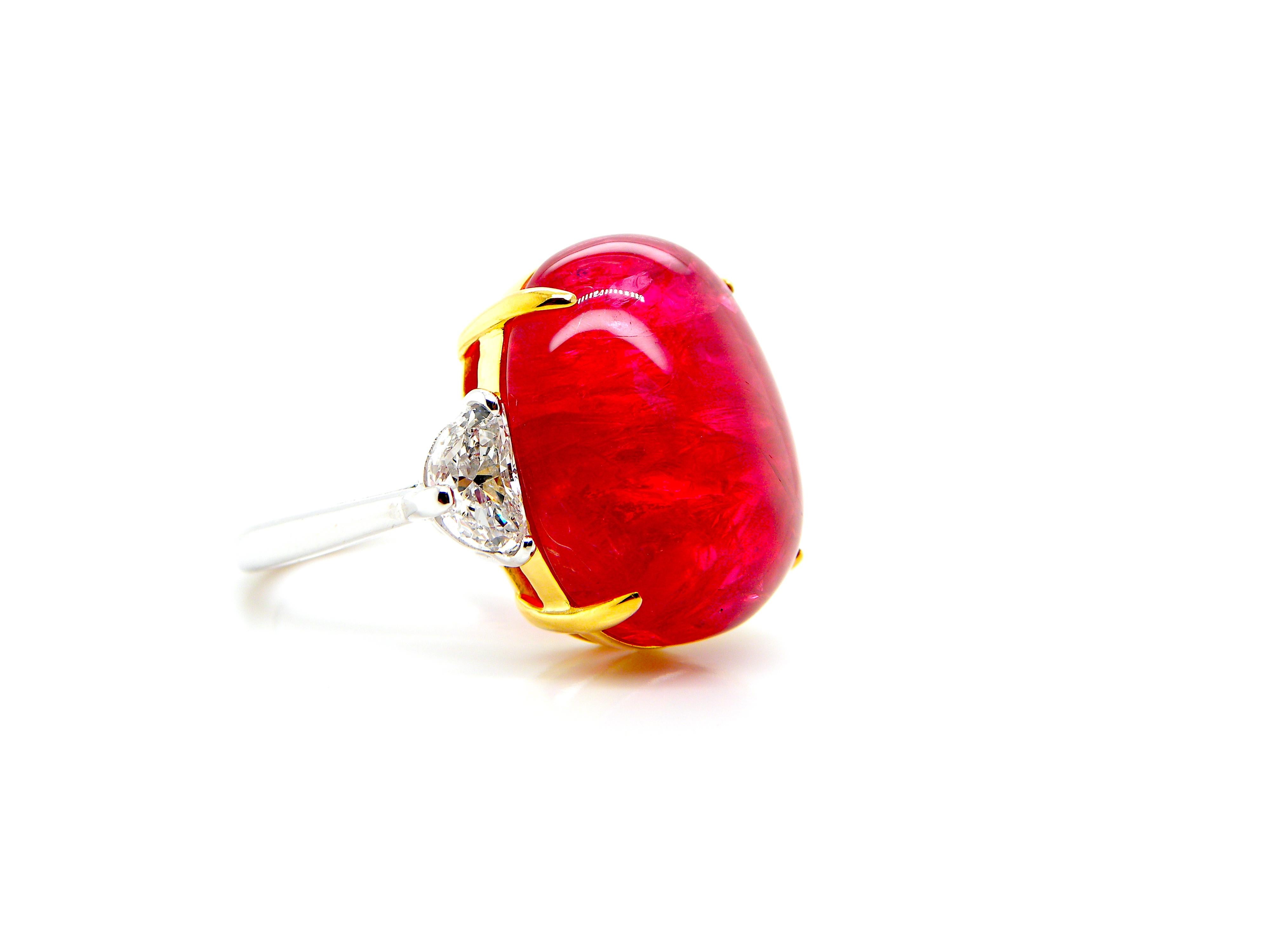 Women's or Men's 22.93 Carat GRS Certified Burma No Heat Vivid Red Spinel Cabochon Diamond Ring