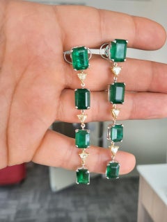 22.96 Carats, Natural Zambian Emerald & Yellow Trillion Diamonds Dangle Earrings