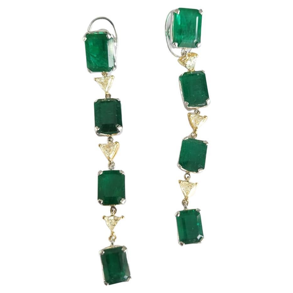 22.96 Carats, Natural Zambian Emerald 
Yellow Trillion Diamonds Dangle Earrings