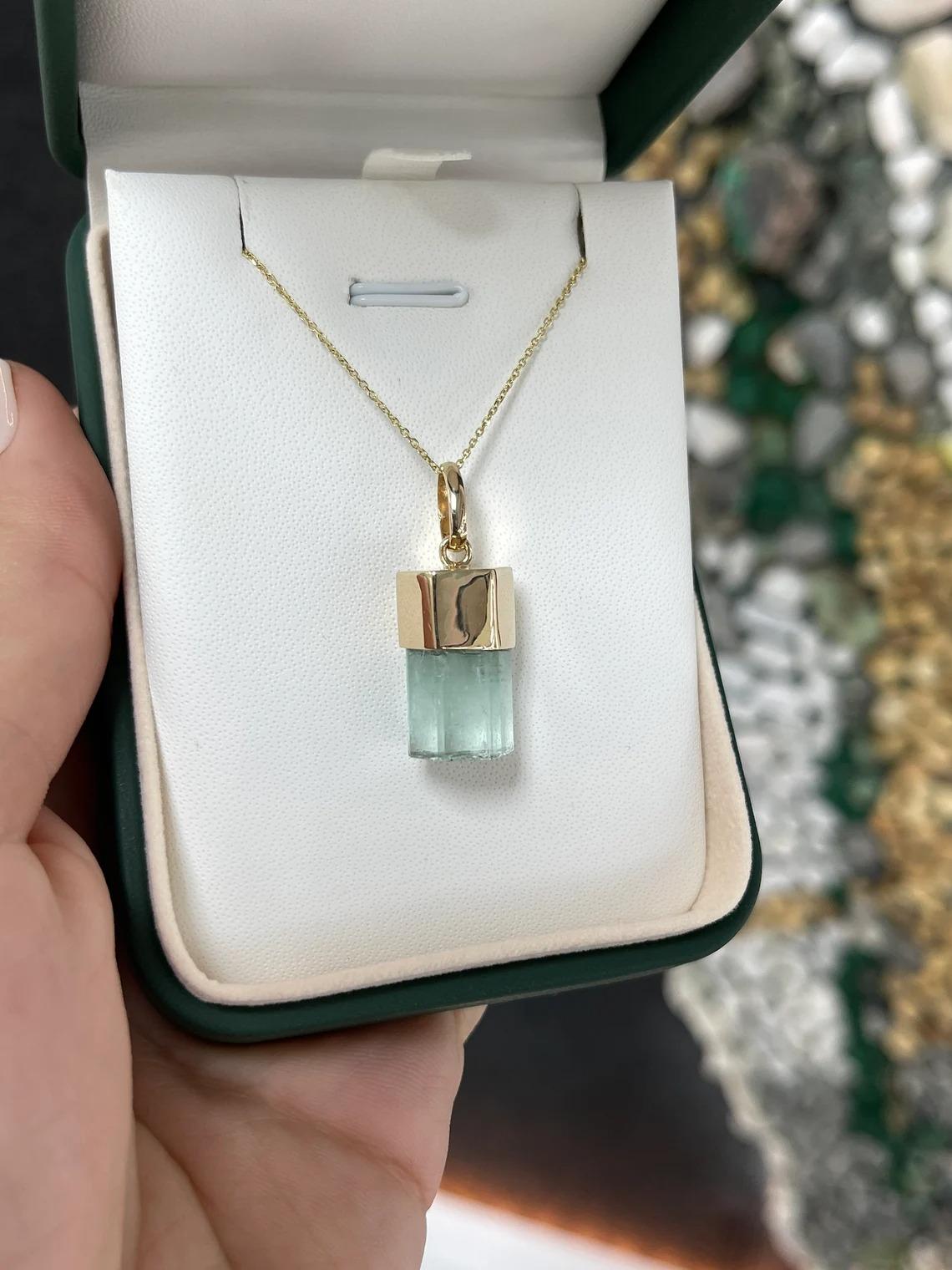 22.98ct 14K Natural Light Bluish Green Rough Crystal Emerald Pendant Necklace In New Condition For Sale In Jupiter, FL