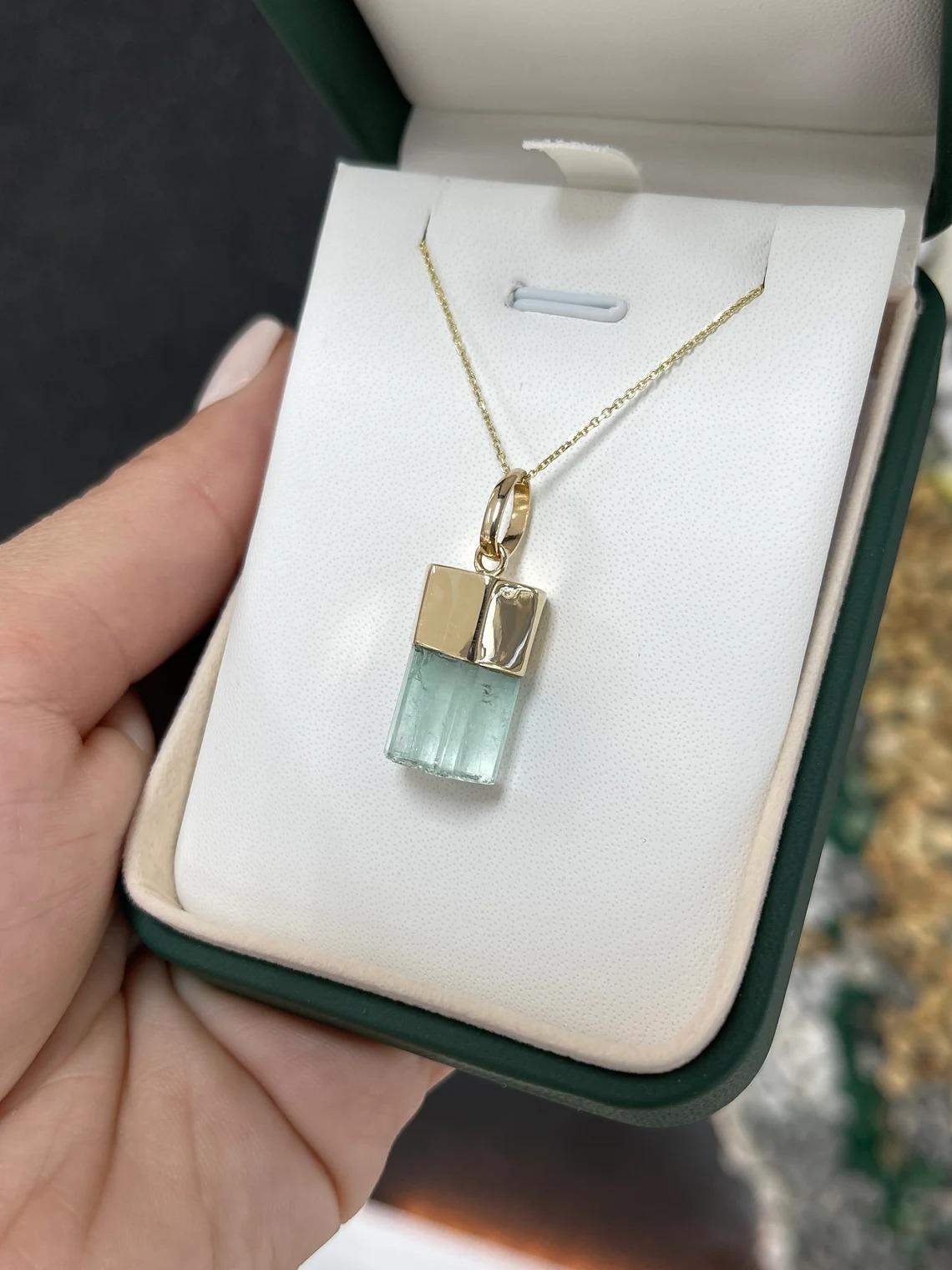 Women's or Men's 22.98ct 14K Natural Light Bluish Green Rough Crystal Emerald Pendant Necklace  For Sale