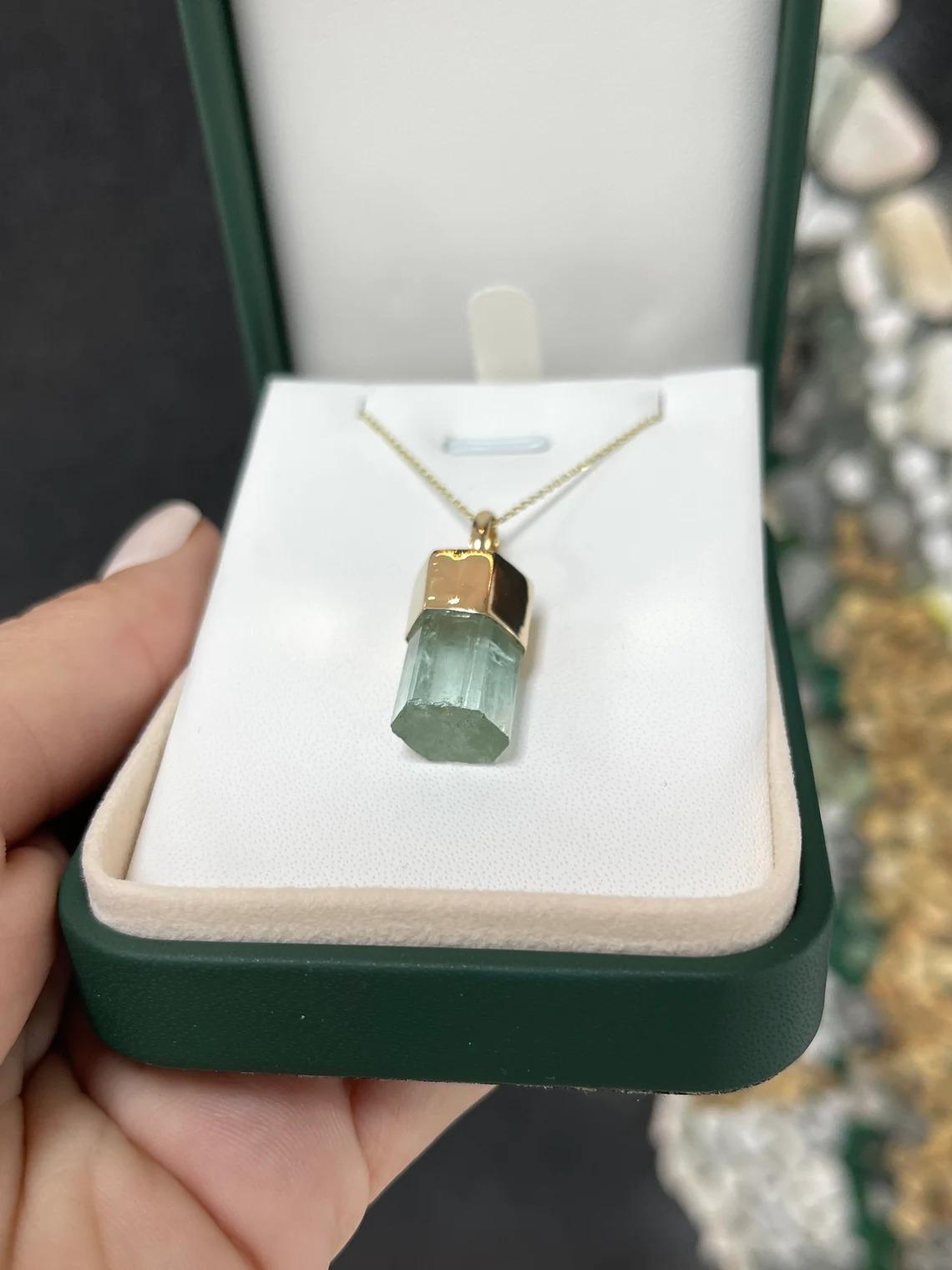 22.98ct 14K Natural Light Bluish Green Rough Crystal Emerald Pendant Necklace  For Sale 1