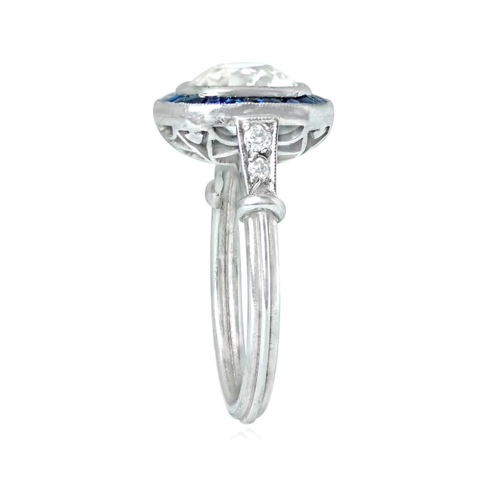 Art Deco 2.29 Carat Cushion-Cut Diamond Ring, VS1 Clarity, Sapphire Halo, Platinum For Sale