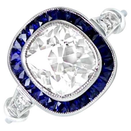 2.29 Carat Cushion-Cut Diamond Ring, VS1 Clarity, Sapphire Halo, Platinum For Sale