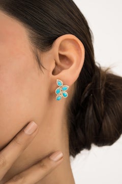 2.29ct Pear Cabochon Turquoise & Diamond Floral Cluster Stud Earrings 14K Gold