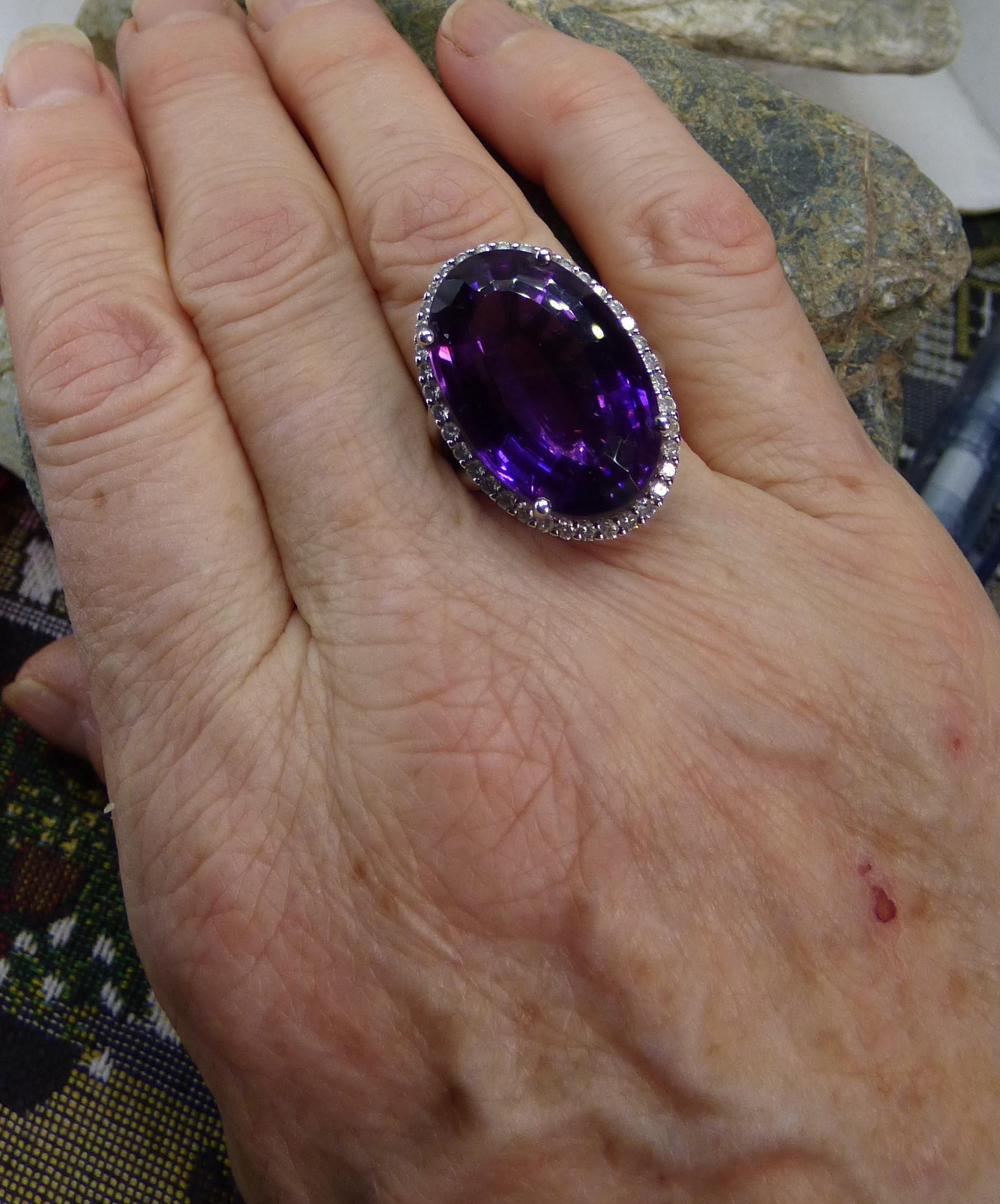 Modern 22ct Amethyst and Diamond Cluster Ring For Sale