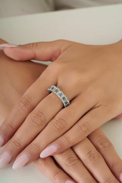 2.2ct Emerald-Cut Aquamarine & Diamond Half Eternity Band Ring in 18K White Gold