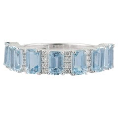 2.2ct Emerald-Cut Aquamarine & Diamond Half Eternity Band Ring in 18K White Gold